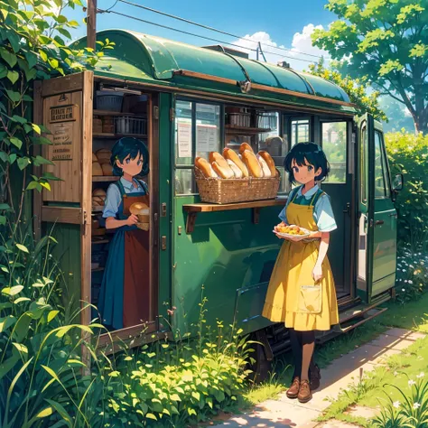 (Kitchen car, a lot of bread, signboard girl), 1 girl, solo, Portrait, smile, Holding a bucket of bread, ivy, grassland, Blue sky, Aprons, signs, retro blue-green cars, Picnic,