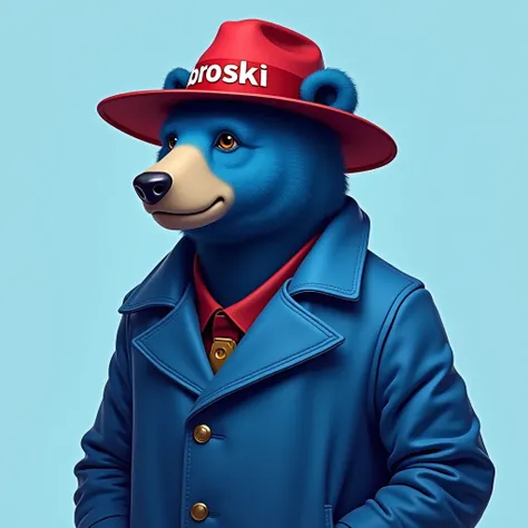 blue bear , light blue background , edgy , portrait , noble , red hat broski summer , Write broski on your hat , blue coat 