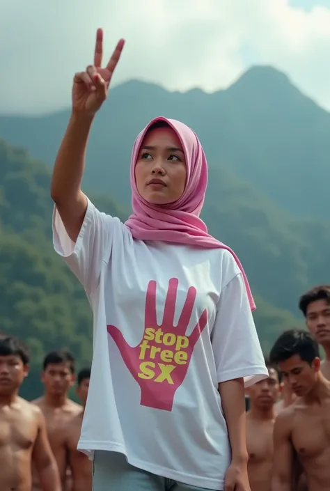 A hijaber indonesian pretty woman, wearing a  tshirt long leging with a strong vector design featuring a silhouetted image of a five-fingered palm in pastel colour with love and light. The phrase "STOP FREE SEX" is displayed in bold simple elegand, distres...