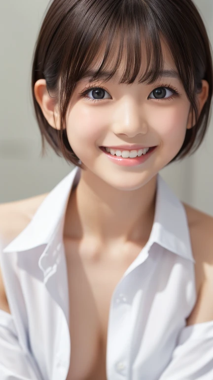 shoot from below,One person,Face in perfect proportions, Balanced Eyes, double eyelid,Japanese,young girl, Innocent face, smiling,,Beautiful nose, Lip gloss,shoot from front,look at a viewer,shorthair with bangs,((open shirt over topless)),daytime