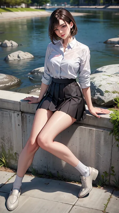 from the front: White shirt, Grey pleated skirt, White socks, Loafer shoes, Medium brown hair, blue eyes, Sit on your knees, River bank