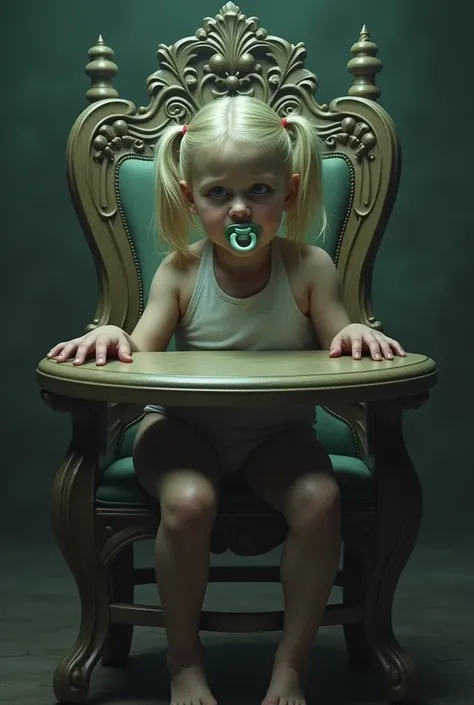 A scared woman sitting in a babys high chair. She has a pacifier in her mouth. Blonde pigtails