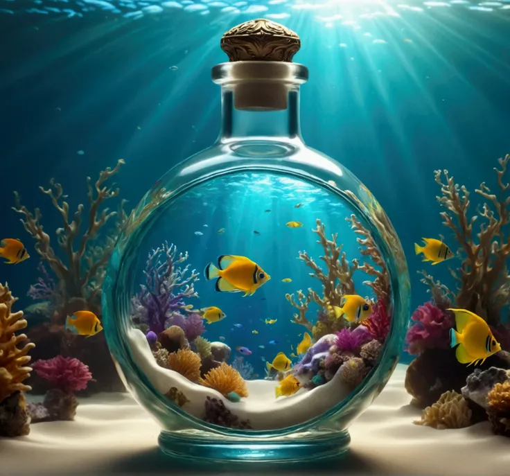 A tiny ocean inside a glass bottle, crystal clear water, swirling waves, underwater kelp forest, schools of tropical fish, shimmering sunlight refraction, intricate glass bottle design, ornate glass stopper, vintage antique style, cinematic lighting, vivid...