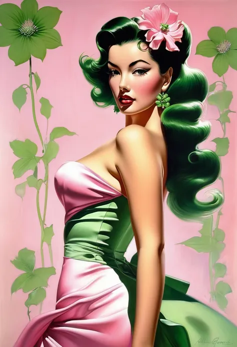 painting of a woman in a pink dress with a green flower in her hair, by Alberto Vargas, hajime sorayama designed girl, inspired by Alberto Vargas, pinup art, fully clothed. painting of sexy, girl pinup, by Wayne England, by Aleksander Kotsis, jeffrey cathe...