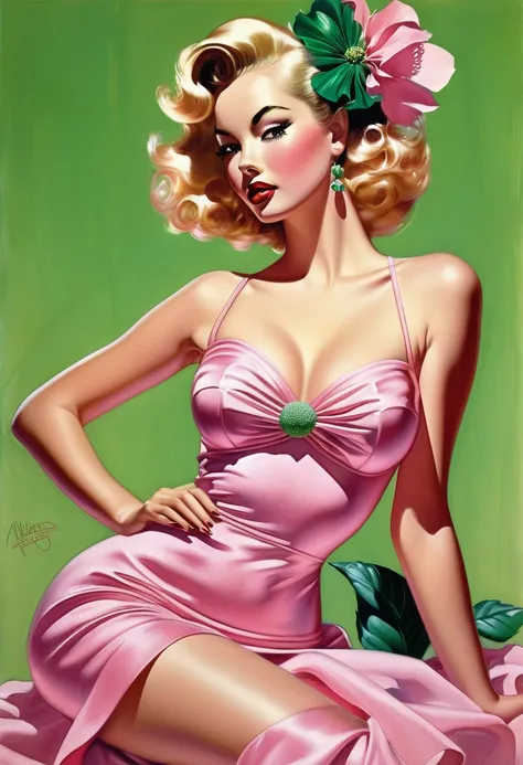 painting of a woman in a pink dress with a green flower in her hair, by Alberto Vargas, hajime sorayama designed girl, inspired by Alberto Vargas, pinup art, fully clothed. painting of sexy, girl pinup, by Wayne England, by Aleksander Kotsis, jeffrey cathe...