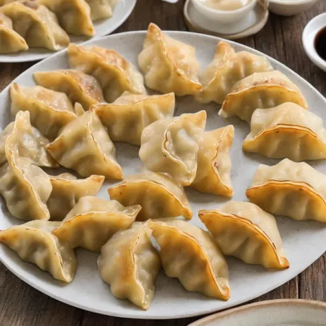 ((one side is brown and discoloured)).((baked dumplings)),((crescent shaped gyoza:1.5))、((you can see the minced meat through th...