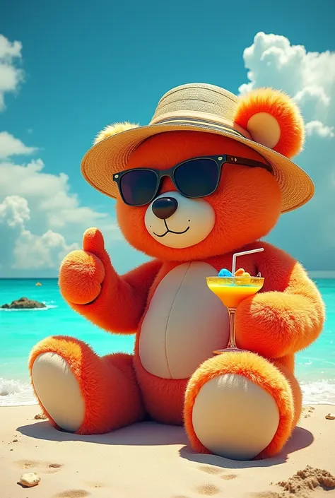 A giant teddy bear, wearing sunglasses and a straw hat, sitting on a beach, holding a cocktail. The bear is smiling and giving a thumbs up. Background with a turquoise blue sea and a sky with white clouds. Artistic style: fashion shooting, swirly vibrant c...