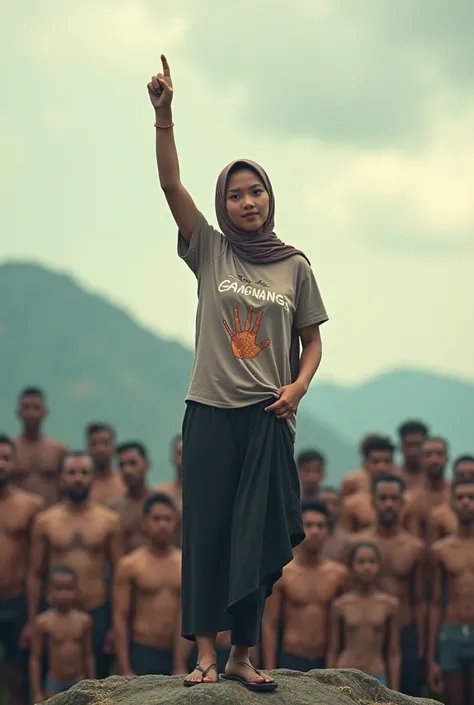 A hijaber indonesian pretty woman, wearing a  tshirt long leging with a strong vector design featuring a silhouetted image of a five-fingered palm in pastel colour with love and light. The phrase "STOP GANGBANGS" is displayed in bold simple elegand, distre...