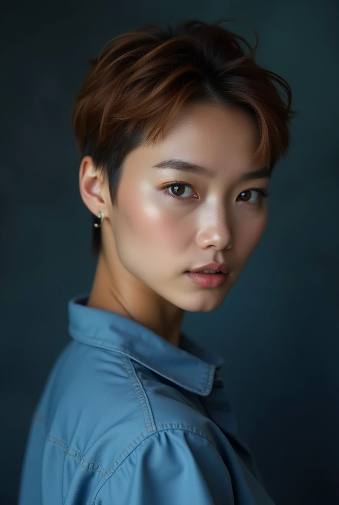 Portrait, Pretty Thai 35 years woman, pixie cut brown hair, clear tan skin, blue shirt, dark blue -gray smokey background 