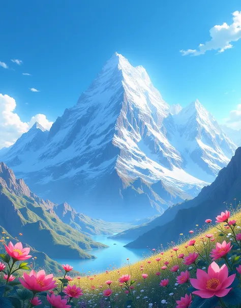 Create a breathtaking landscape illustration featuring majestic mountains as the central focus, with snow-capped peaks towering in the background. In the foreground, vibrant flowers bloom in vivid colors, their delicate petals contrasting beautifully again...