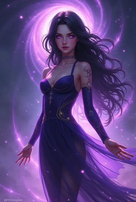 Make a black haired girl with purple highlights, with purple eyes and cosmic powers.