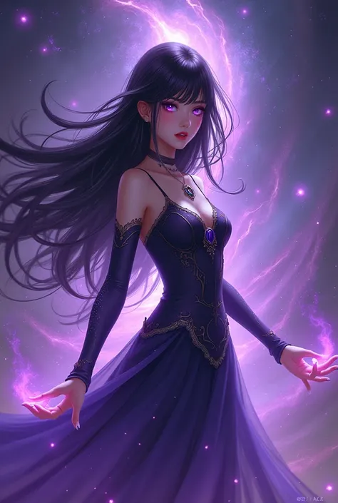 Make a black haired girl with purple highlights, with purple eyes and cosmic powers.