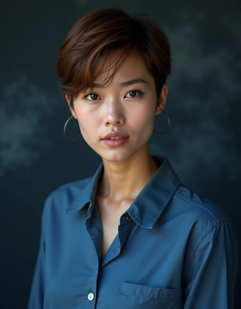 Portrait, Pretty Thai 35 years woman, pixie cut brown hair, clear tan skin, blue shirt, dark blue -gray smokey background 