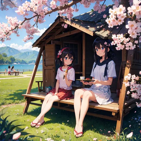 2 cute girls, cherry blossom viewing, drinking beer, hors doeuvre, happy smile, red face, camping sheet, lots of dishes, sakurafubuki