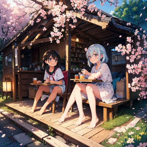 2 cute girls, cherry blossom viewing, drinking beer, hors doeuvre, happy smile, red face, camping sheet, lots of dishes, sakurafubuki