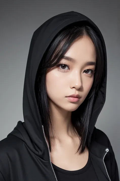 Hooded, pierced, black hair