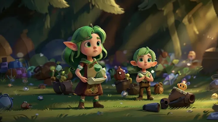 elves (green hair) with a worried expression, sad, surprised, annoying, In the background a forest full of garbage, , , Best Quality, high quality, extra detailed, cinematic lighting, , sharp focus, physics-based representation, extreme details description...