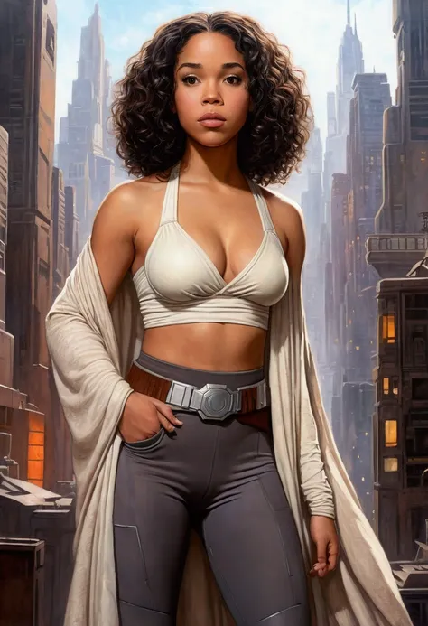 An illustrated movie poster, hand-drawn, full color, a teenage Jedi, 18-years-old, female, wearing a bralette and leggings, athletic hourglass figure, busty bosoms, full wide hips, massive round butt, long shapely legs, ridiculously thick powerful thighs, ...