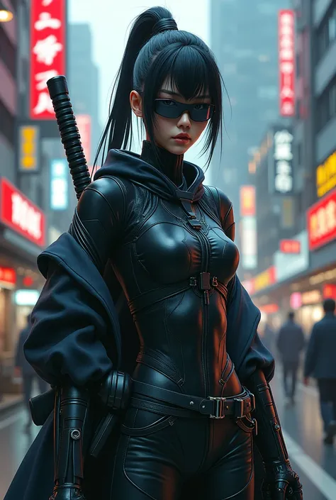 3000Year、Chiba、A female samurai with a cyborg half-body、cyber punk、(((Mirror goggles embedded in the eyes)))、Grab a gun、推定Year齢２８Year、Bodysuits that fit the body、skinny、skinnyパンツ、Casual wear、Sober、Wear a half-coat、Combat Ready