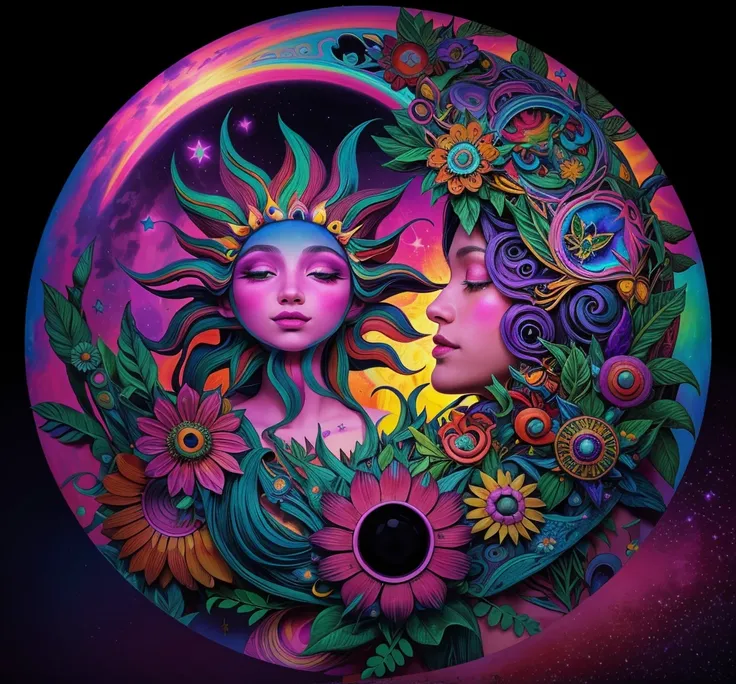 un primer plano de un sol y una luna con flores sobre un fondo negro, eclipse exuberante y colorido, psychedelic artwork, psyche...