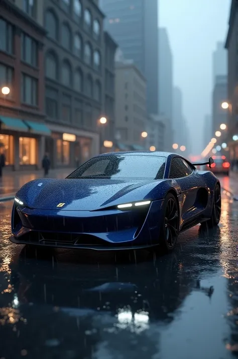 dark blue car in the rain