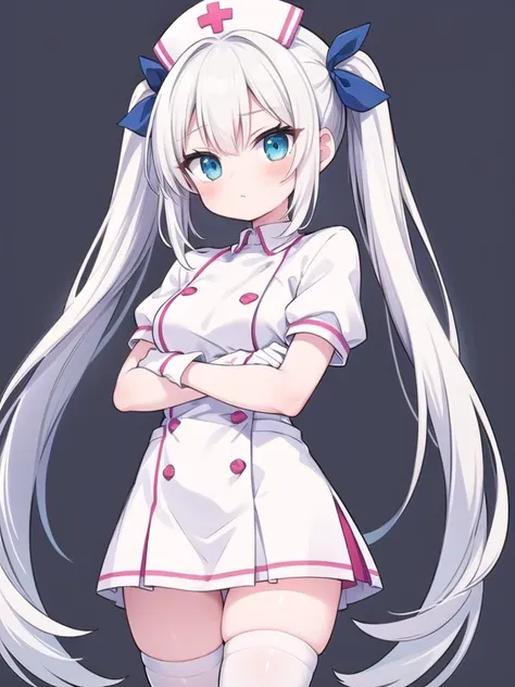 1girl, masterpiece, best quality, perfect hands, very long hair, white hair, white thighhighs, twintails, hair ribbon, nurse, nurse cap, white nurse uniform, zettai ryouiki, white gloves, twintails, crossed arms, standing, short sleeves