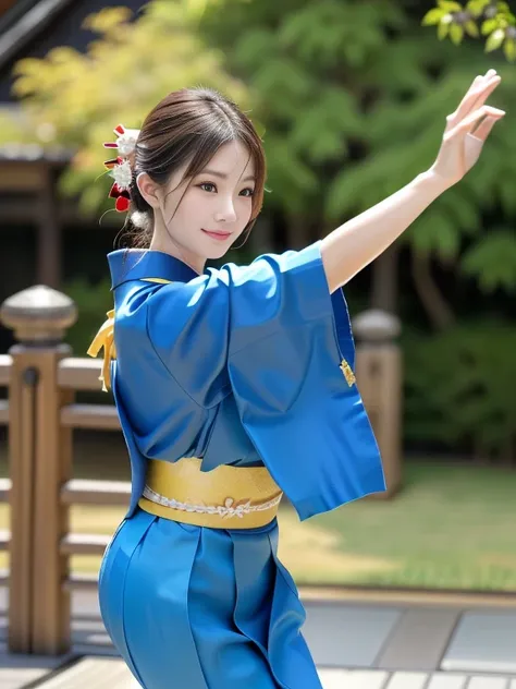 photo-realistic quality、a woman in a blue and yellow kimono is dancing the awa odori dance, traditional japanese, portrait shot,...