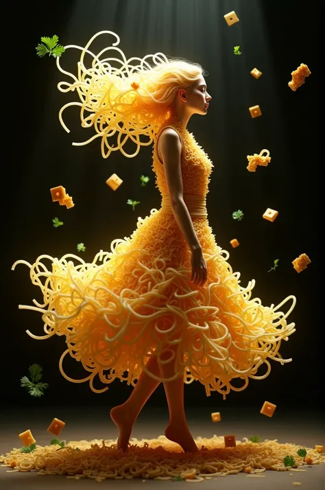 To generate an image similar to this one, you can use a prompt like this:

"A graceful female figure made entirely of spaghetti noodles, twirling and dancing in a flowing dress of pasta. Her hair is also made of noodles, gently swirling around her. Surroun...