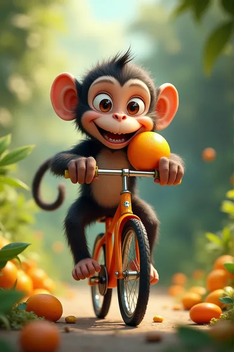 A monkey eating a organge on a cycle