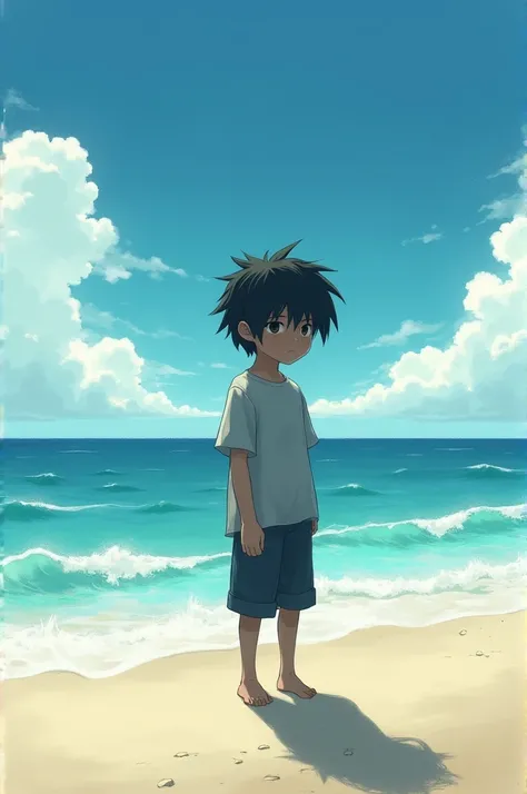 A boy with bangs covering his eyes, on the beach