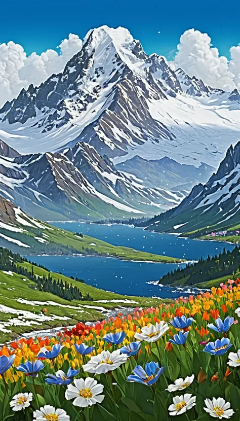 Create a breathtaking landscape illustration featuring majestic mountains as the central focus, with snow-capped peaks towering in the background. In the foreground, vibrant flowers bloom in vivid colors, their delicate petals contrasting beautifully again...