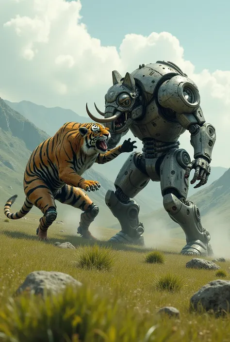 Rhinoceros mantis hybrid in robotic suit fight with tiger elephant hybrid wear robotic suit on plain grassy land