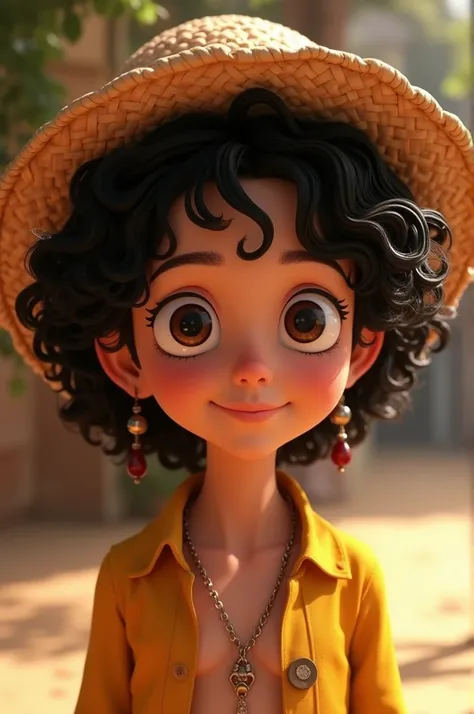 Create me one with curly hair , with a gorgeous smile, dark haired Disney Pixar style and with a straw hat like Luffy from One Piece
