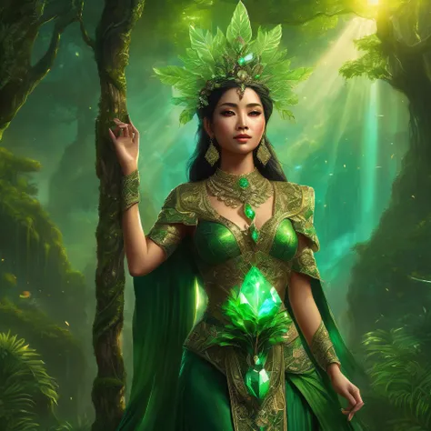 full body fantasy art, an Indonesia woman as the goddes of nature, adorned complicated outfit, such a majestic of appearance, the hand holding a artistic tree staf with a crystal emitting green light, as symbolic of ruler of the nature, the lush green envi...