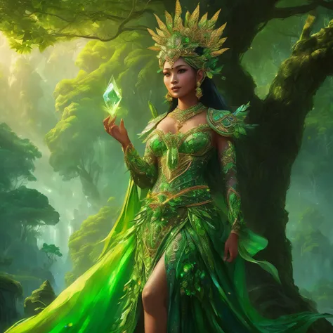 full body fantasy art, an Indonesia woman as the goddes of nature, adorned complicated outfit, such a majestic of appearance, the hand holding a artistic tree staf with a crystal emitting green light, as symbolic of ruler of the nature, the lush green envi...