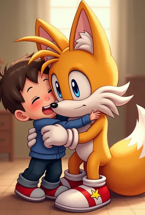 Tails hugging young boy with his shoes and gloves on cute 