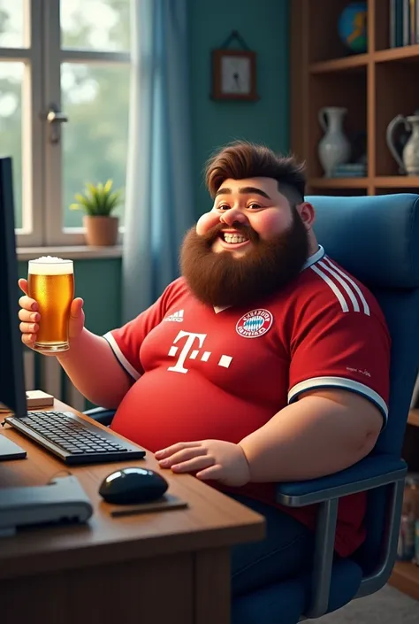 Small fat boy with beard and round head sitting at the computer, wearing a Bayern Munich jersey and drinking beer 