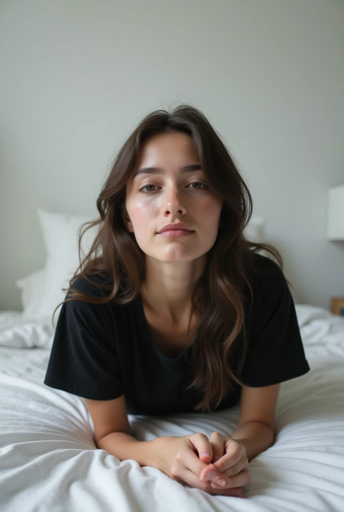 brunette, smile, flat chest, skinny face, white wall, no decoration, jean shorts, black t-shirt, lying on stomach on bed, looking at camera, photo from behind
