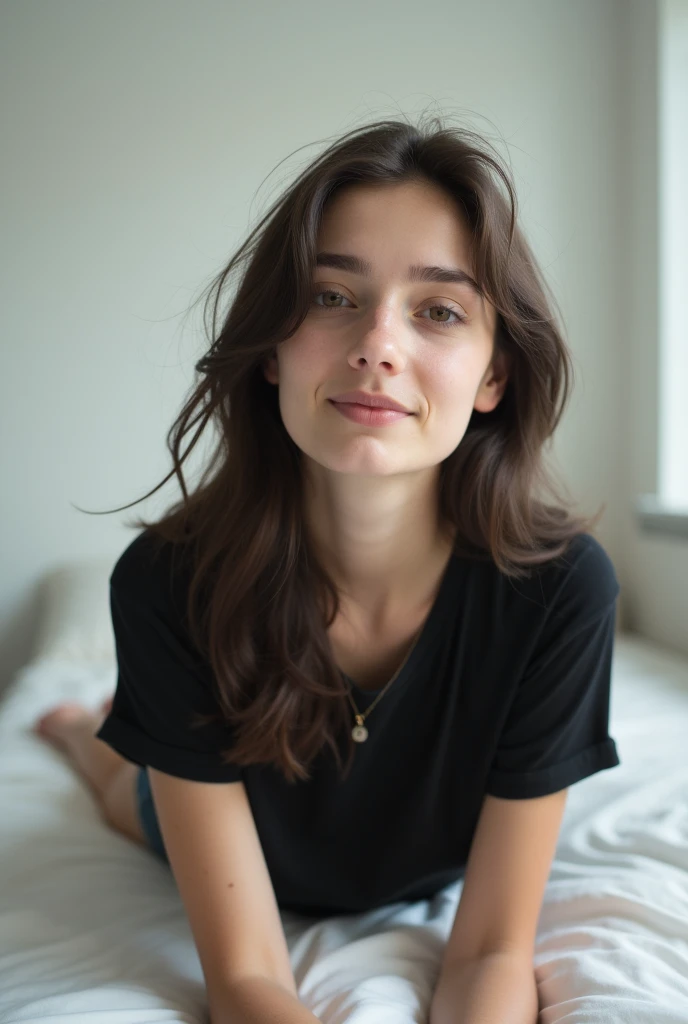 brunette, smile, flat chest, skinny face, white wall, no decoration, jean shorts, black t-shirt, lying on stomach on bed, looking at camera, photo from behind
