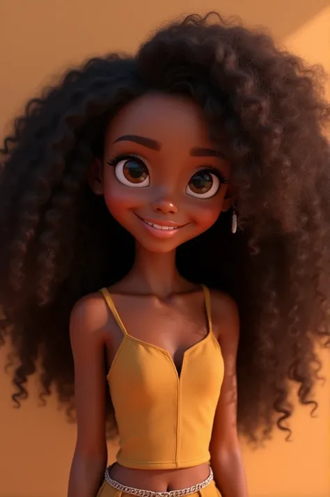  Create a Disney Pixar style girl , This is a black woman with brown eyes and long brown curly hair.