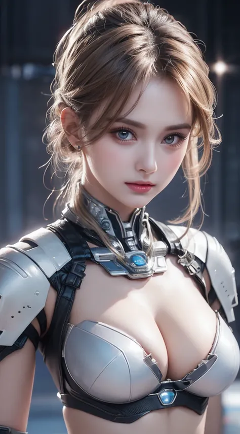 A close-up head and chest portrait of a pretty and cute woman, her chest adorned with pneumatic tubes that give her a unique and futuristic appearance. The highly detailed digital rendering captures every aspect of her beauty, from her delicate features to...