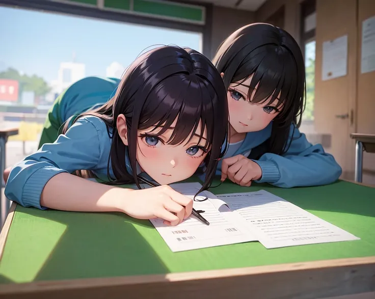 Boring anime doing her homework and sleepy on the table at school