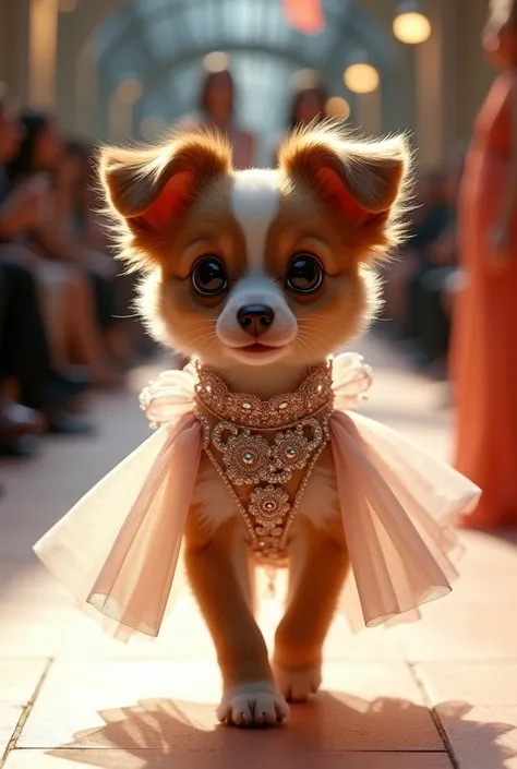 Create a scene where an adorable female Pinto puppy is dressed in a fashionable haute couture gown and walks confidently down the runway, smiling, showing off her ultra-realistic fashion sense. camera panning