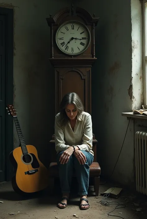 sad woman with a big old broken clock and a guitar in the background