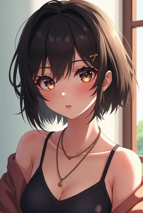 anime girl with short hair and a necklace looking at the camera, a character portrait inspired by Kanō Naizen, trending on Artstation, digital art, photorealistic anime girl render, 8k portrait render, smooth anime cg art, badass anime 8 k, 3 d anime reali...