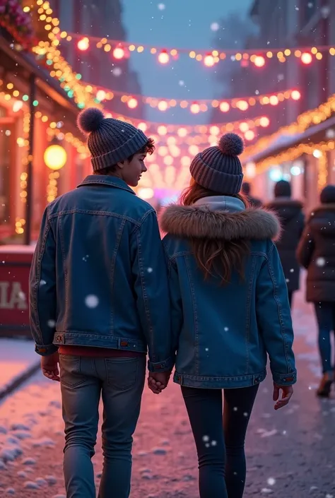 A Teenage couple is walking in the the streets holding hands, colourfull lights decorated the streets,snow is falling,they are not wearing beanie, both are wearing denim jacket, make the street visible clearly 