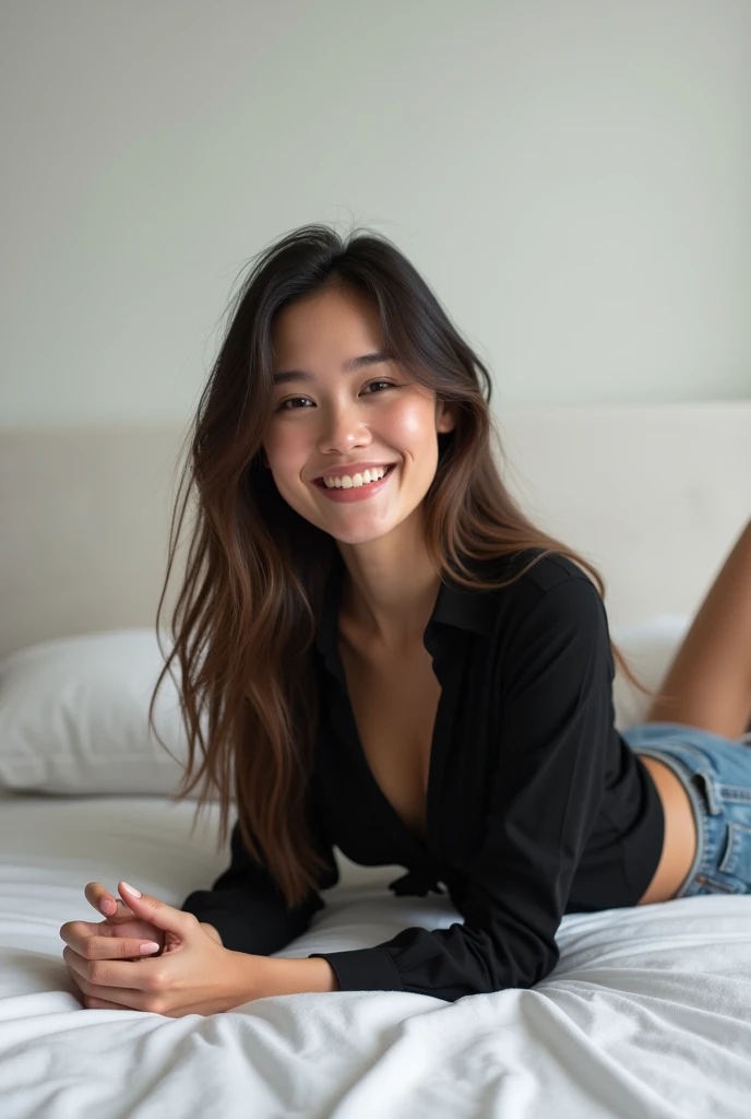 brunette, smile, physique: smallest belly ever, flat chest, skinny face, white wall, no decoration, jean shorts, black shirt, lying on stomach on bed, looking smiling at camera, photo of back