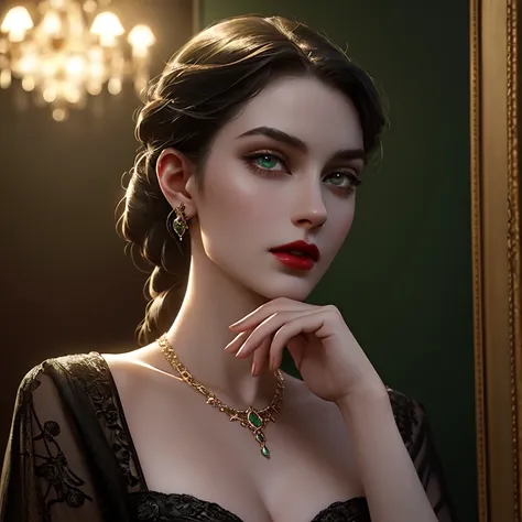 a young woman with beautiful green eyes, pale skin, thick black hair, red lips, a slim and elegant figure, a sophisticated style, often accessorized with antique jewelry or designer watches, portrait, oil painting, intricate details, cinematic lighting, dr...