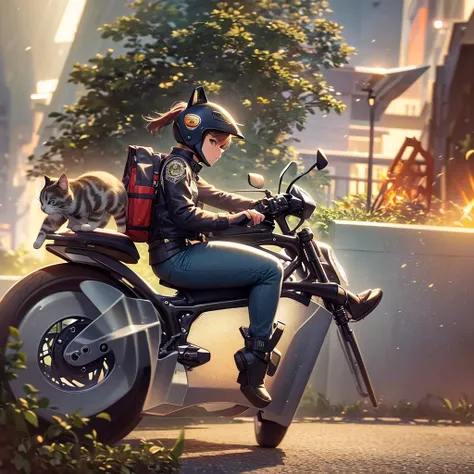 a kitten riding a motorcycle, cute kitten, adorable kitten, kitten in helmet, kitten on motorcycle, kitten driving motorcycle, kitten in motion, kitten in action, dynamic scene, whimsical scene, fantasy scene, digital art, 3d render, highly detailed, photo...