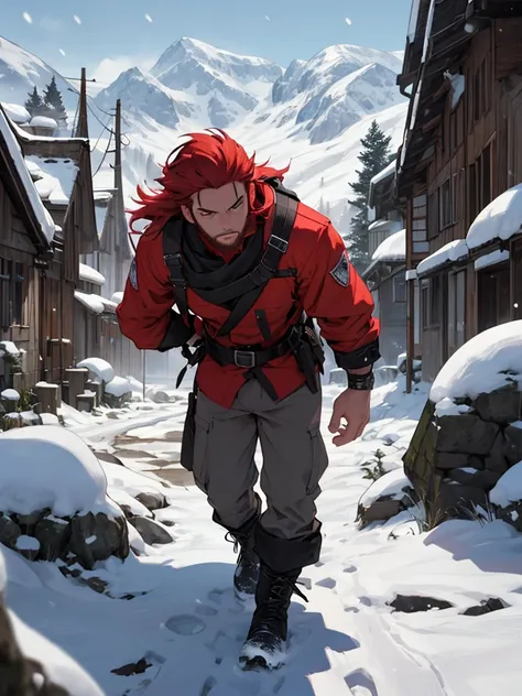 (masutepiece: 1.2), (Very detailed: 1.2), (fully detailed), (Very detailed and beautiful: 1.1) adult man, red hair, red beard, explorer of the northern lands, snow and mountains, erotic poses, lustful gaze,